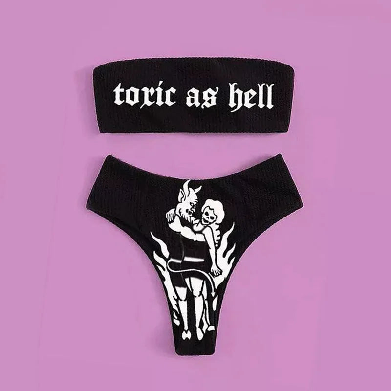 Sexy Goth Bikini 2023 Women Letters Skull Print Swimsuit Split Bathing Suit High Waist Gothic Bikinis Sets Beach Outfits 10