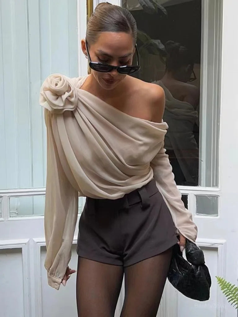 New Sexy Skew Collar Floral Applique Mesh Chiffon Tops For Women Elegant Fashion Club Cropped Tops See Through Pullover Apricot SY59