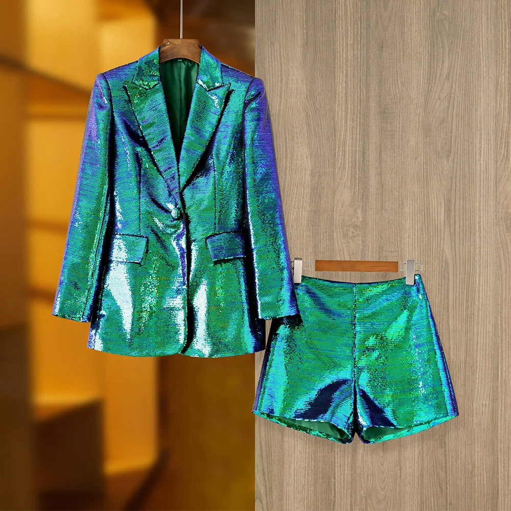 Eye-catching Occasion Wearing Women Clothing Shining Bling Gradient Color Dark Green Sequins 2PCS Blazers Shorts Sets green
