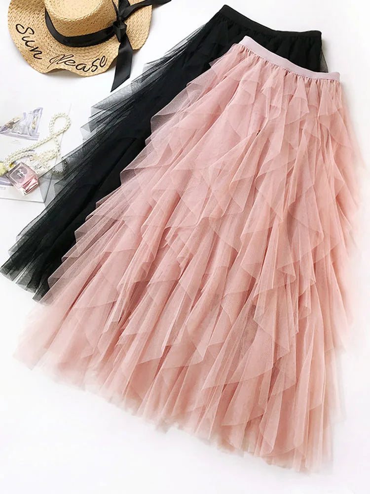 Fashion Tutu Tulle Skirt Women Long Maxi Skirt Spring Summer Korean Black Pink High Waist Pleated Skirt Female
