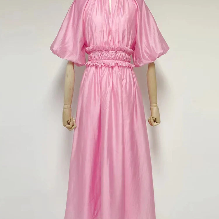 VGH Tie Dye Slim Dress Female Stand Collar Puff Half Sleeve High Waist Spliced Ruffles A Line Long Dresses Female Summer Clothes Pink