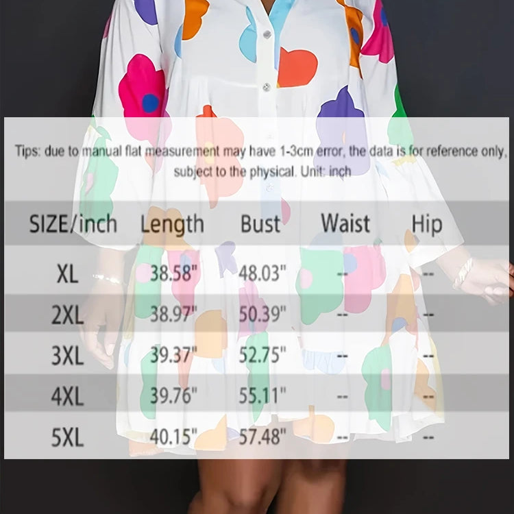 Plus Size Autumn New Floral Printed Women's Dresses,Casual Loose Button Fashion Streetwear Polyester V-Neck Pleated Dresses