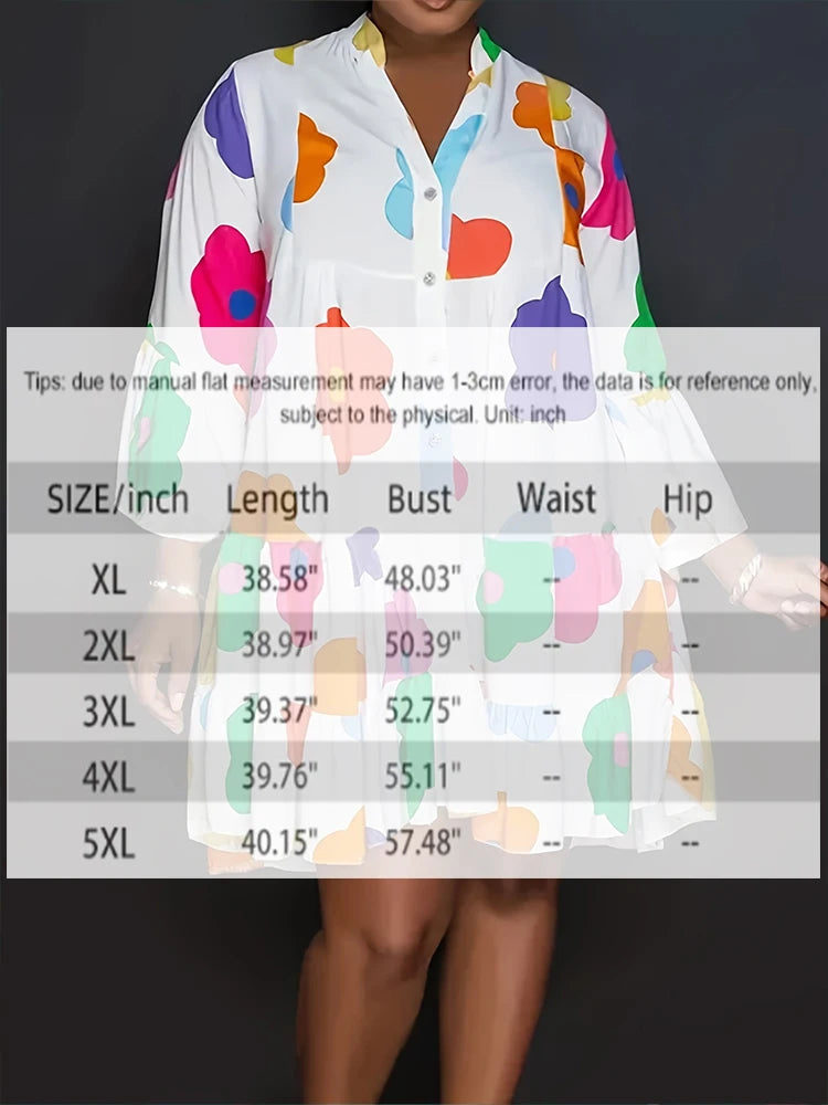 Plus Size Autumn New Floral Printed Women's Dresses,Casual Loose Button Fashion Streetwear Polyester V-Neck Pleated Dresses