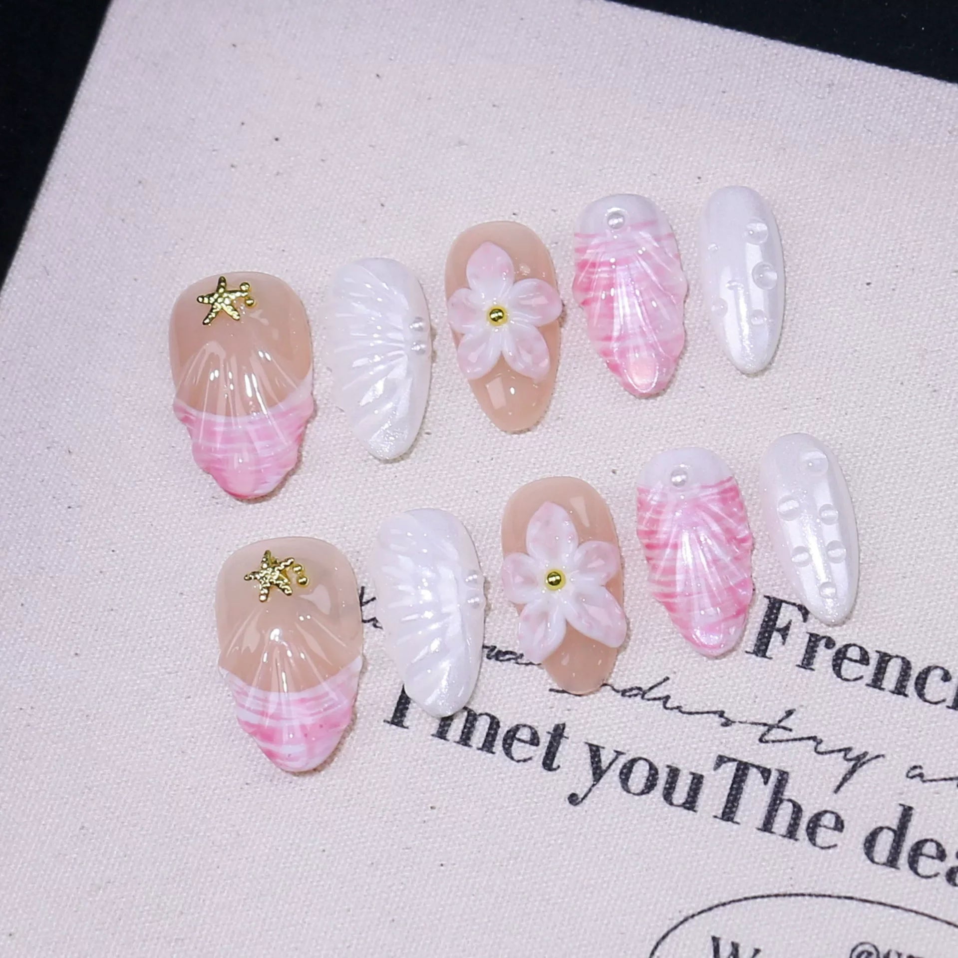 10Pcs Mid-length Almond with Polka Dot Flower False Nails White 3D Little Floral Decoration French Acrylic Nails Pink Manicure