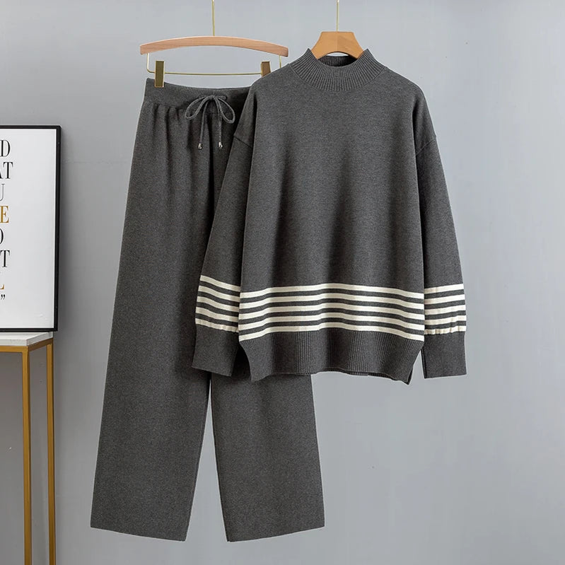 GIGOGOU Euro Designer Autumn Winter Women Sweater Tracksuit 2 piece Set Oversized Ladys Knitwear + Wide Leg Pants Warm Suits color 11 One Size