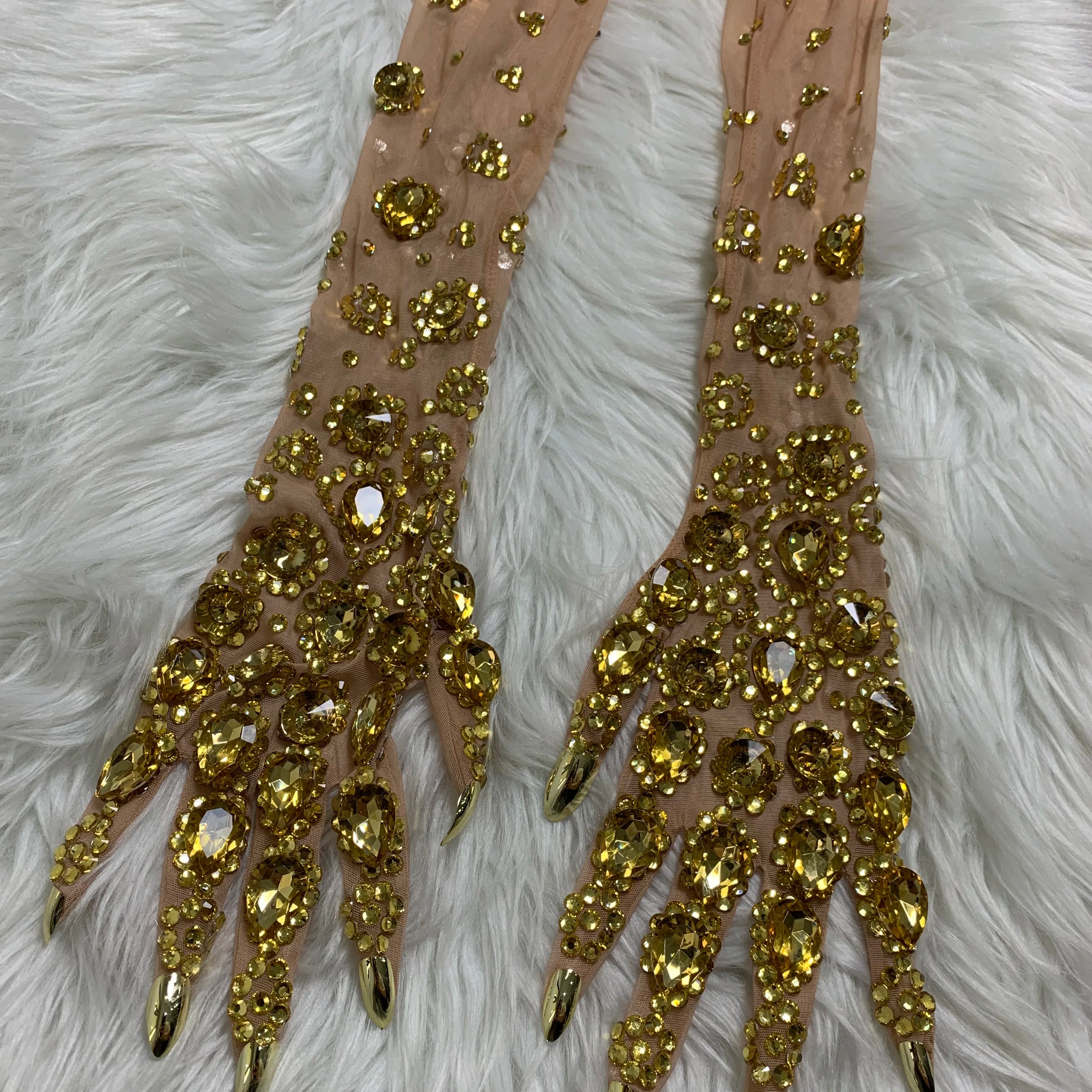 Women Sexy Luxury Gold Rhinestones Mesh Long Gloves Dancer Singer Nightclub Stage Party Show Accessories Sparkly Decoration