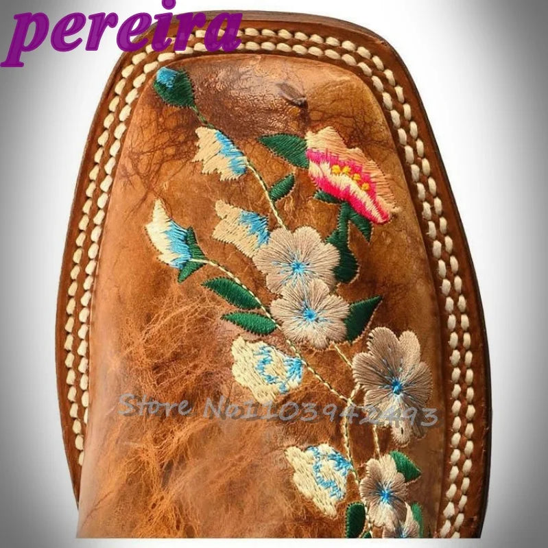 Embroidered Flower Boots Rose Garden Botas Mid-Calf Brown Square Heel Booties Cowboy Autumn Winter Zapatos Slip On Outer Shoes