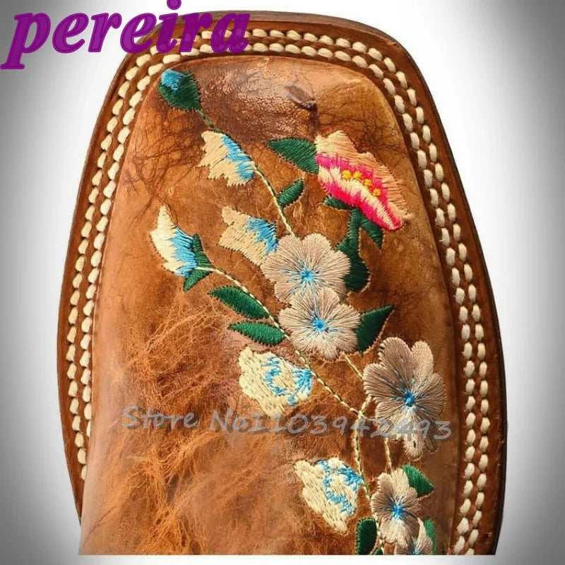Embroidered Flower Boots Rose Garden Botas Mid-Calf Brown Square Heel Booties Cowboy Autumn Winter Zapatos Slip On Outer Shoes