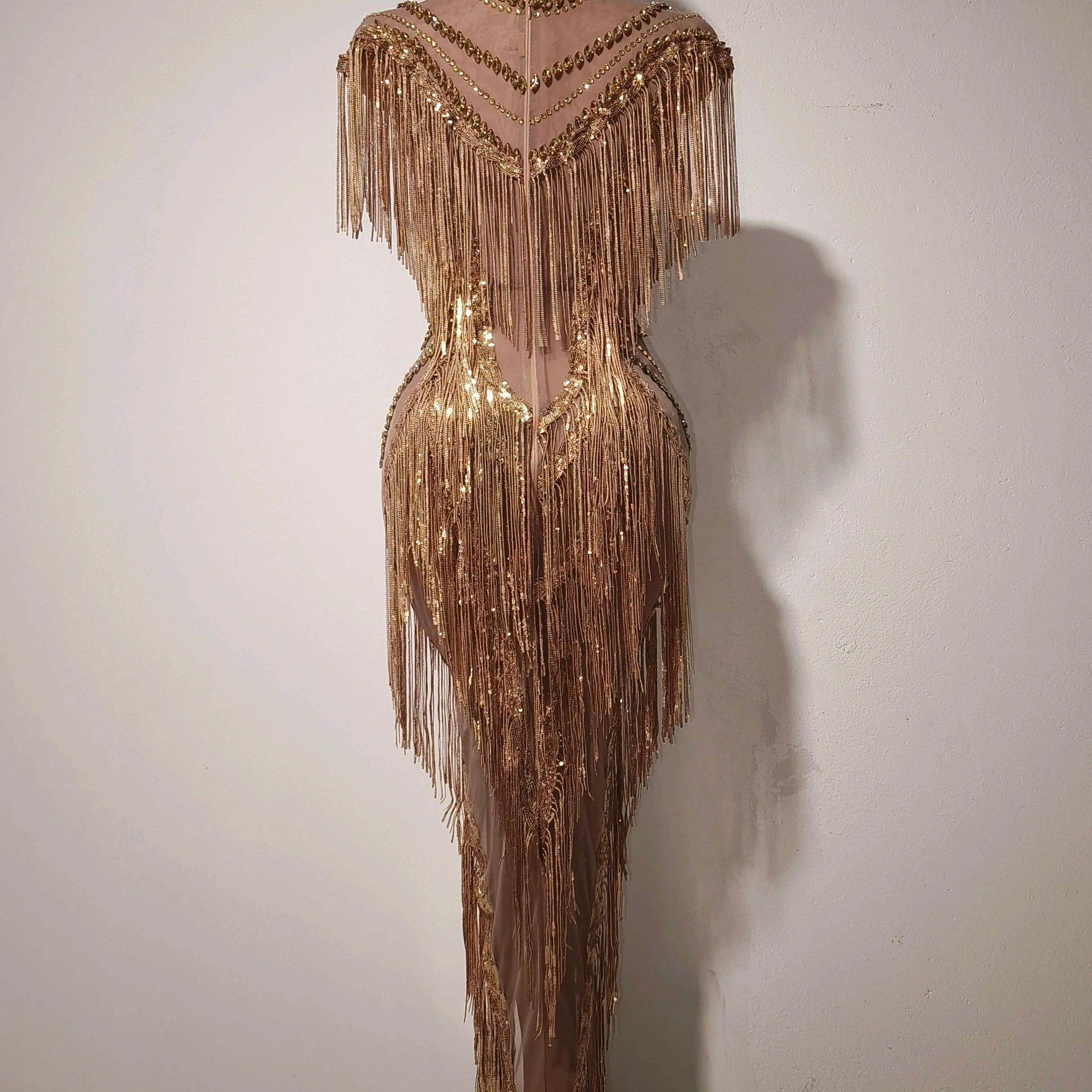 New Women Sexy Mesh Crystal Tassel Sparkly Maxi Dress See Through Gold Silver Party Singer Party Costume Stage Performance Dress