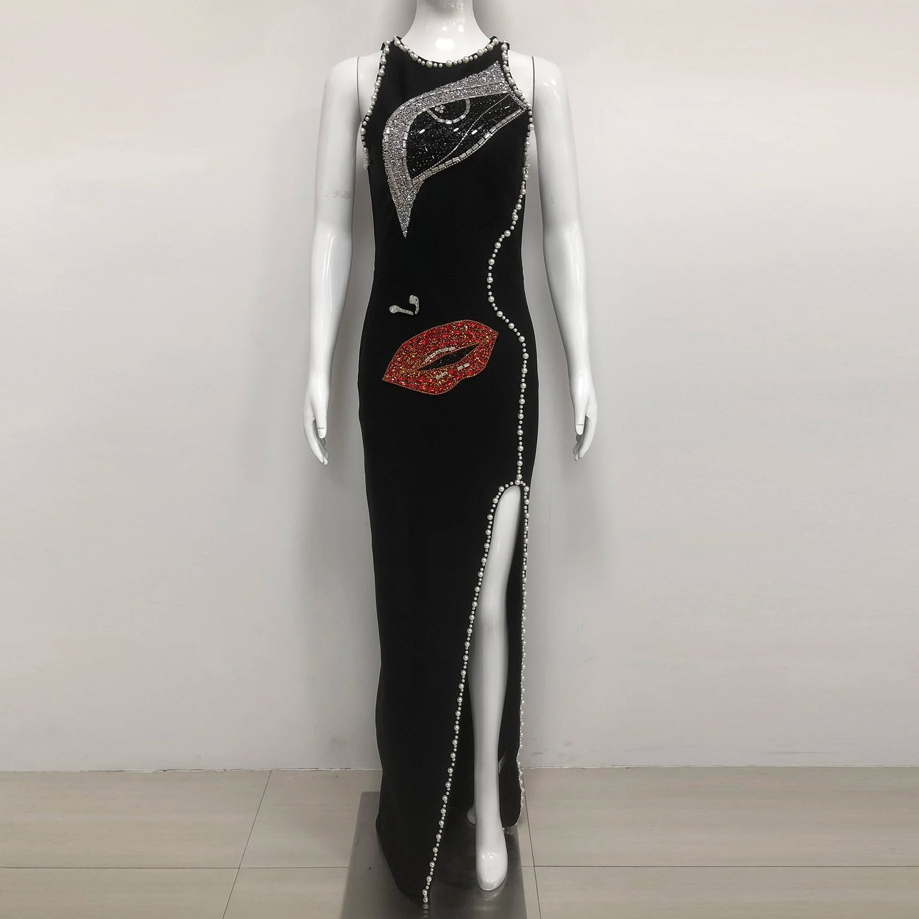 Big Eyes And Red Lips Patterned Diamonds High Slit Black Long Dress Woman Birthday Party Vestido  Celebrity Party Outfit