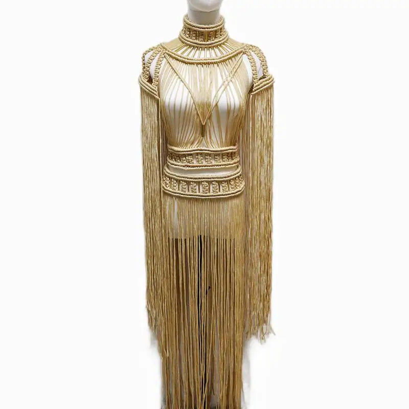 Tassel Hand Crochet Knitted Women Bikini Cover Ups 2023 Summer Holiday Beach Bathing Suit Sexy Hollow Out Skirts Matching Set A04khaki One Size