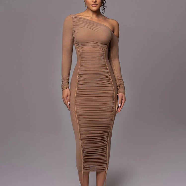 Mozision Diagonal Collar Long Sleeve Midi Dress For Women Two Layer Mesh Backless Ruched Bodycon Club Party Sexy Long Dress Brown