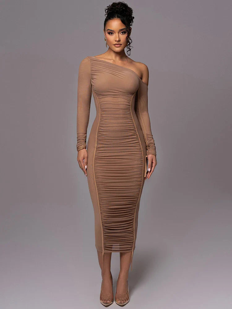 Mozision Diagonal Collar Long Sleeve Midi Dress For Women Two Layer Mesh Backless Ruched Bodycon Club Party Sexy Long Dress Brown