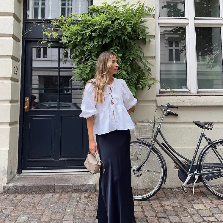 Bow Tied Lace Up Shirt Women Pleats Office Puff Sleeve Female Chic Slim Solid Tops Summer Sweet Lady V Neck Tops