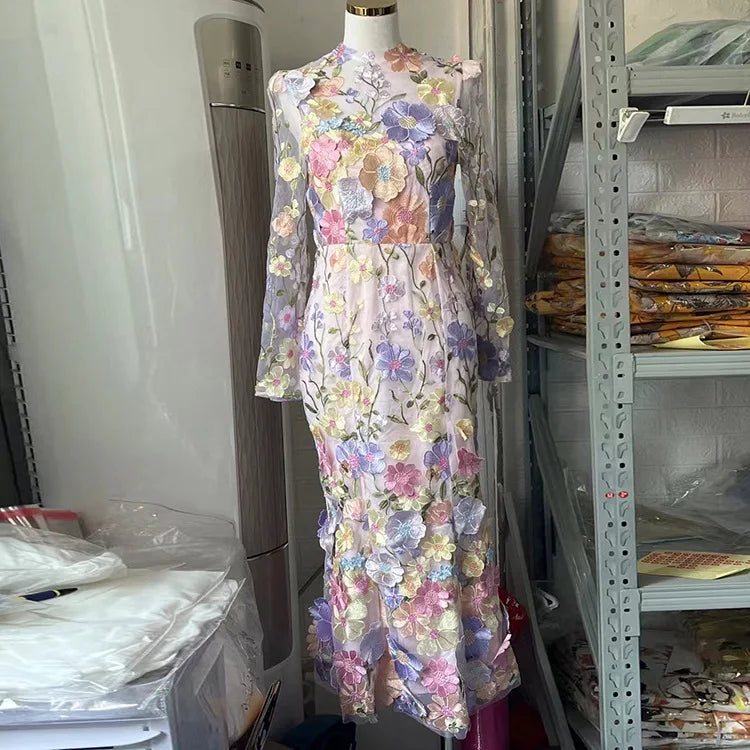 JAMERARY Runway Spring/Summer New Mesh 3D Flower Embroidery Perspective Evening Prom Dress Women Holiday Robe Vestido Party pink longsleeve