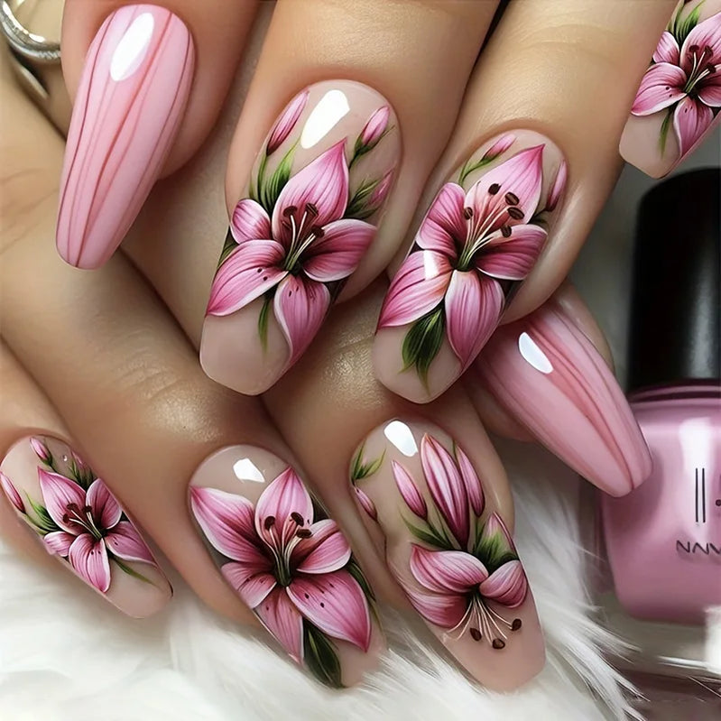 24Pcs Reusable Fake Nails Mid-length Ballet Press on False Nails with Flower Designs Fashion Pink Nails Set Detachable Nail Tips