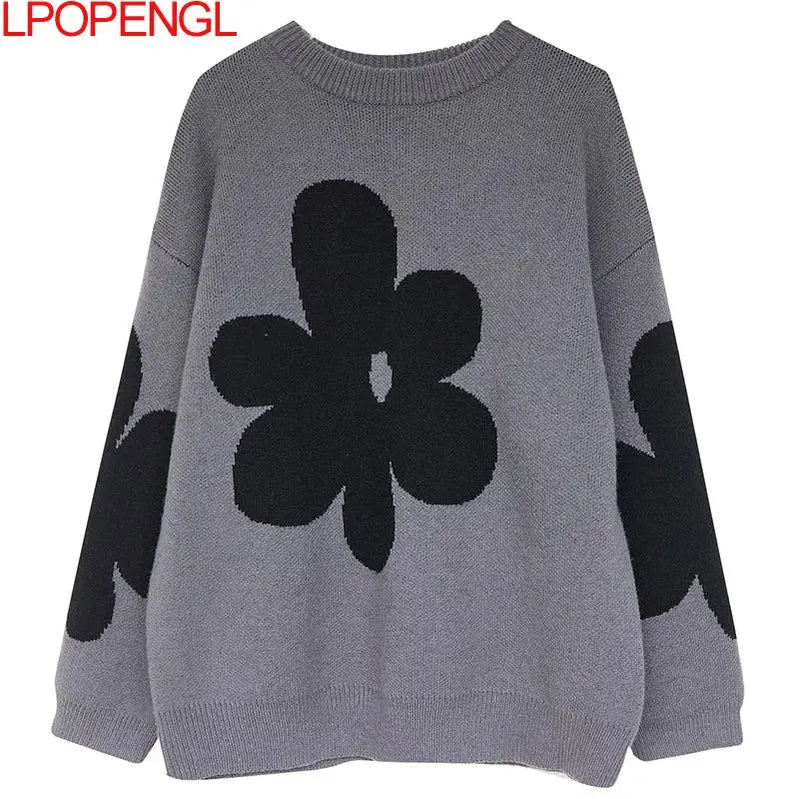 Women's Autumn And Winter Korean Bottoming Long Sleeves Flowers O-neck Pullover A-straight Vintage Sweater Trend Top