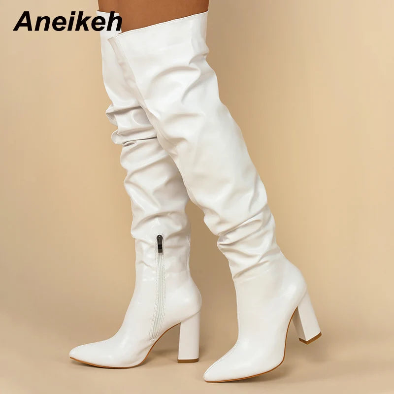 Design White Pleated Leather Over The Knee Boots Fashion Runway Thick High Heels Sexy Pointed Toe Zip Womans Shoes