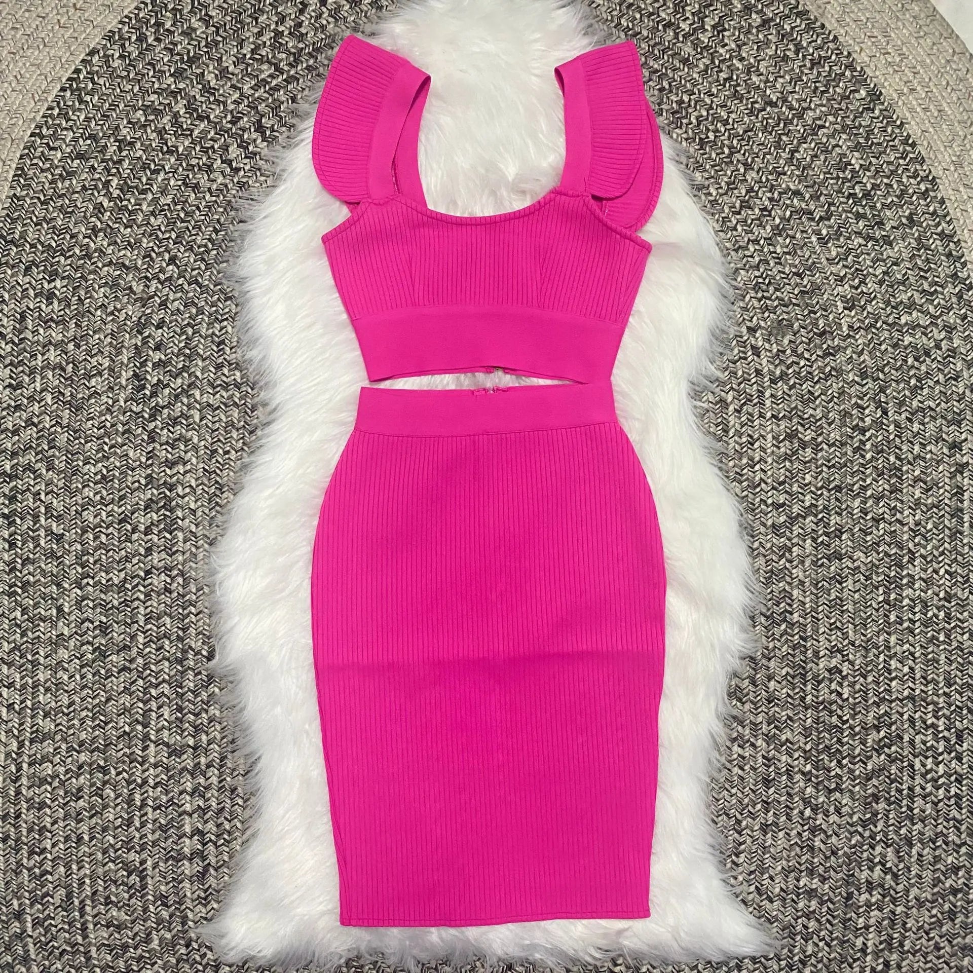 Celebridade Moda Sexy Verde Amarelo Babados Bodycon Rayon Duas Peças Vestido Bandage Duas Peças e Conjunto de Saia