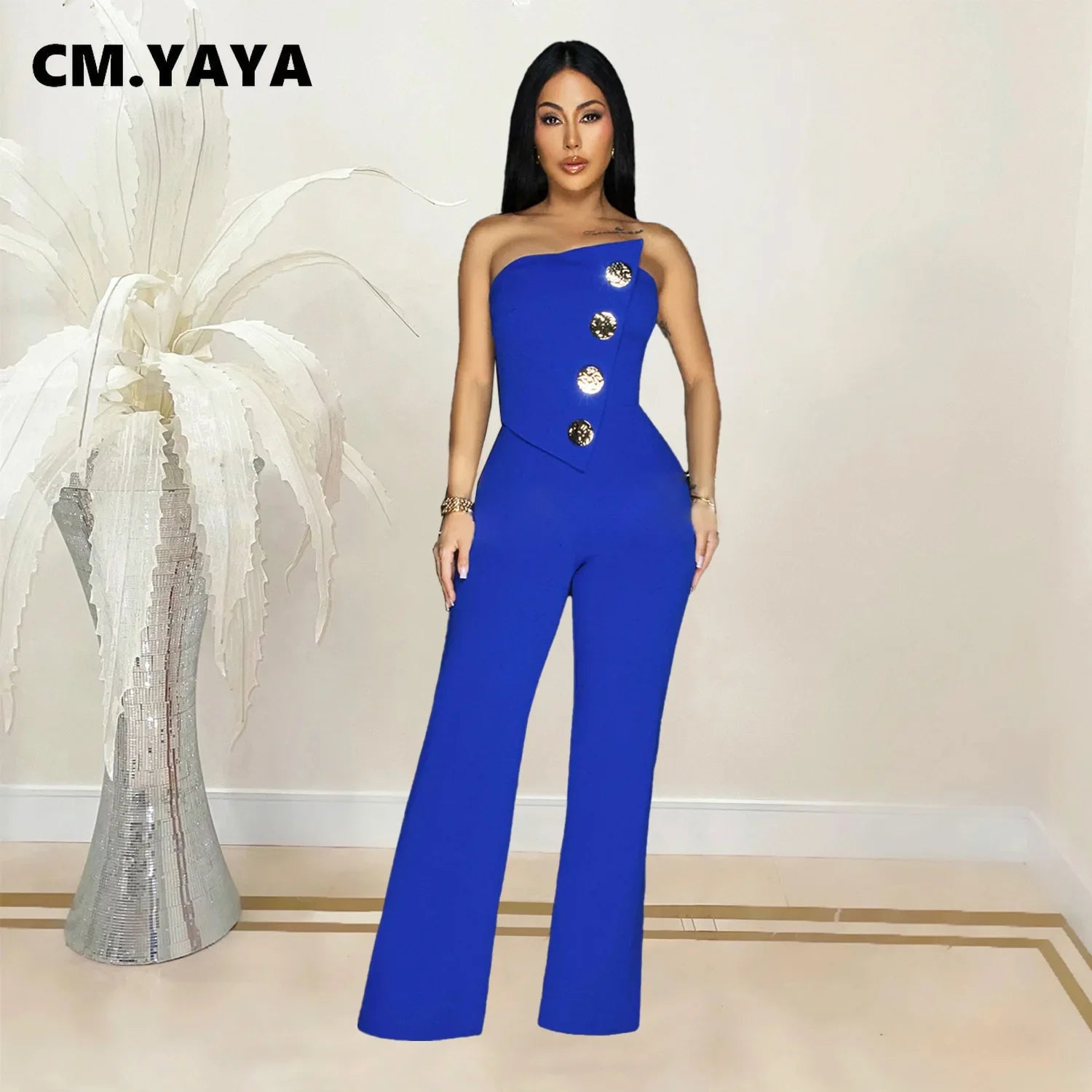 CM.YAYA Women's Elegant Button Strapless Sleeveless Irregular Girl Jumpsuits 2024 Fall Overalls Outfits Night Clubwear One Piece