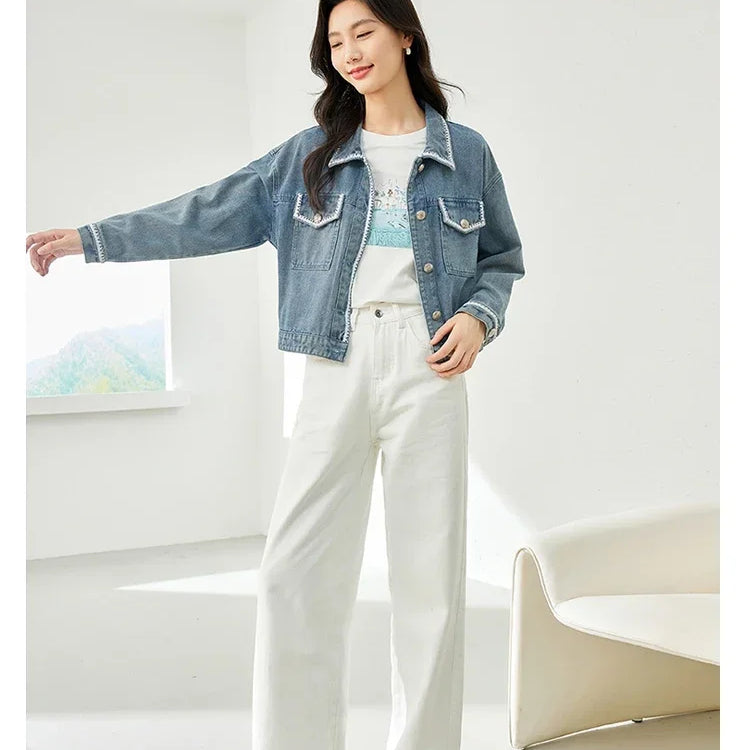Vintage Lapel Long Sleeve Jean Jacket for Women Autumn Casual Straight Loose Denim Jackets Fall Female Clothing