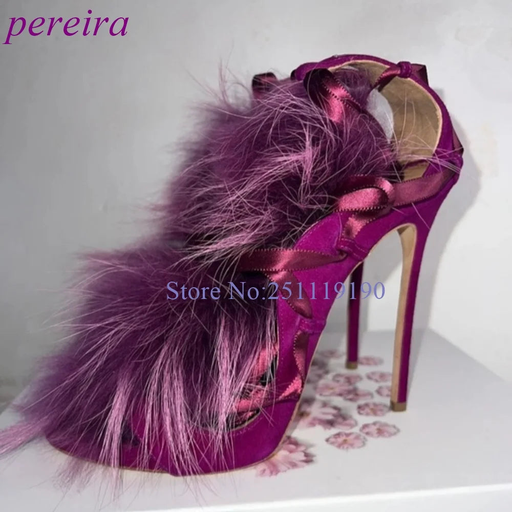 Purple Suede Heeled Sandals Feather Lace Up High Heels Stiletto Shoes Women Luxury Designer 2025 Sandalias De Mujer New Pink New