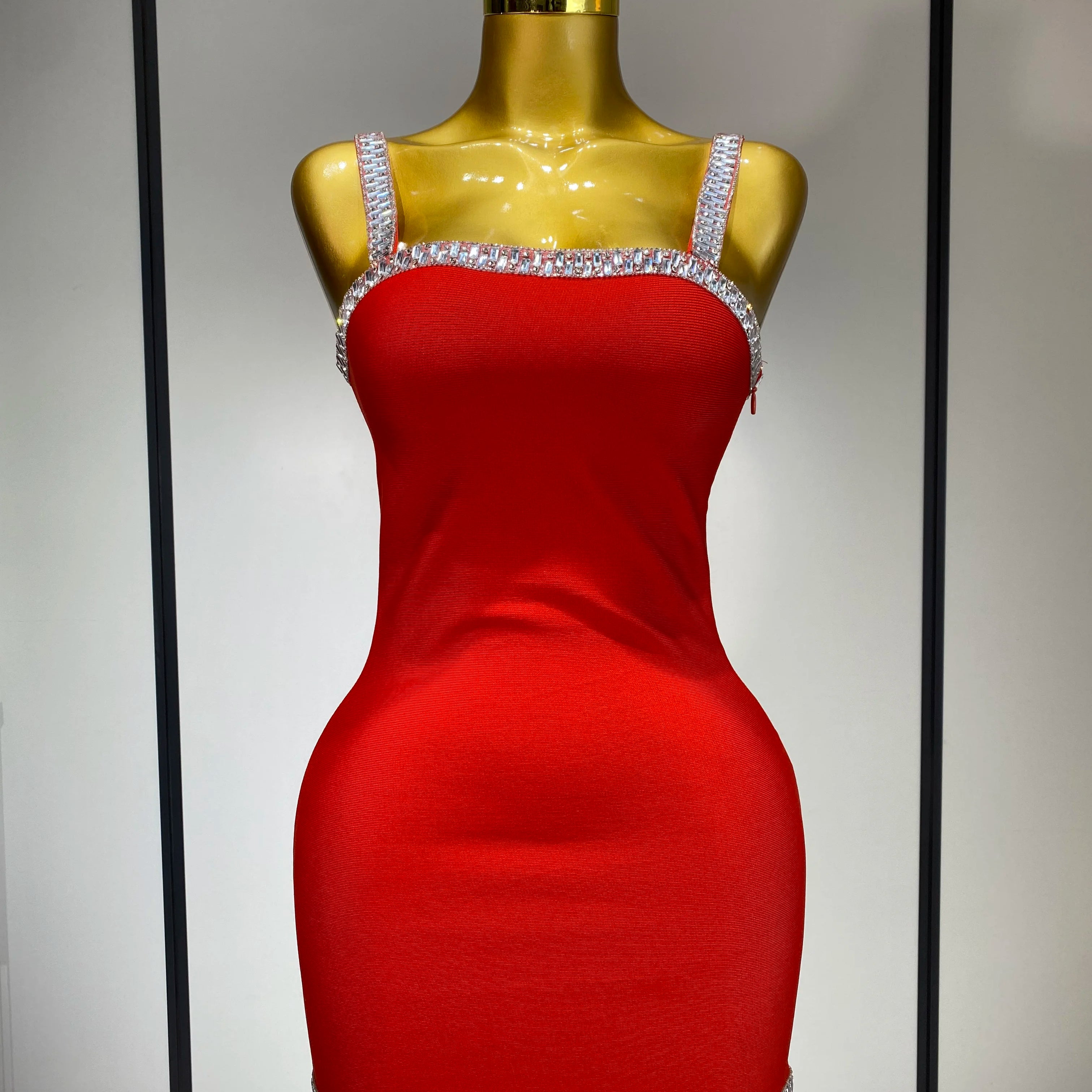 Women Sexy Black Red Sparkly Mini Bodycon Bandage Dress Sleeveless Luxury Diamonds Elegant Evening Club Party Birthday Dress