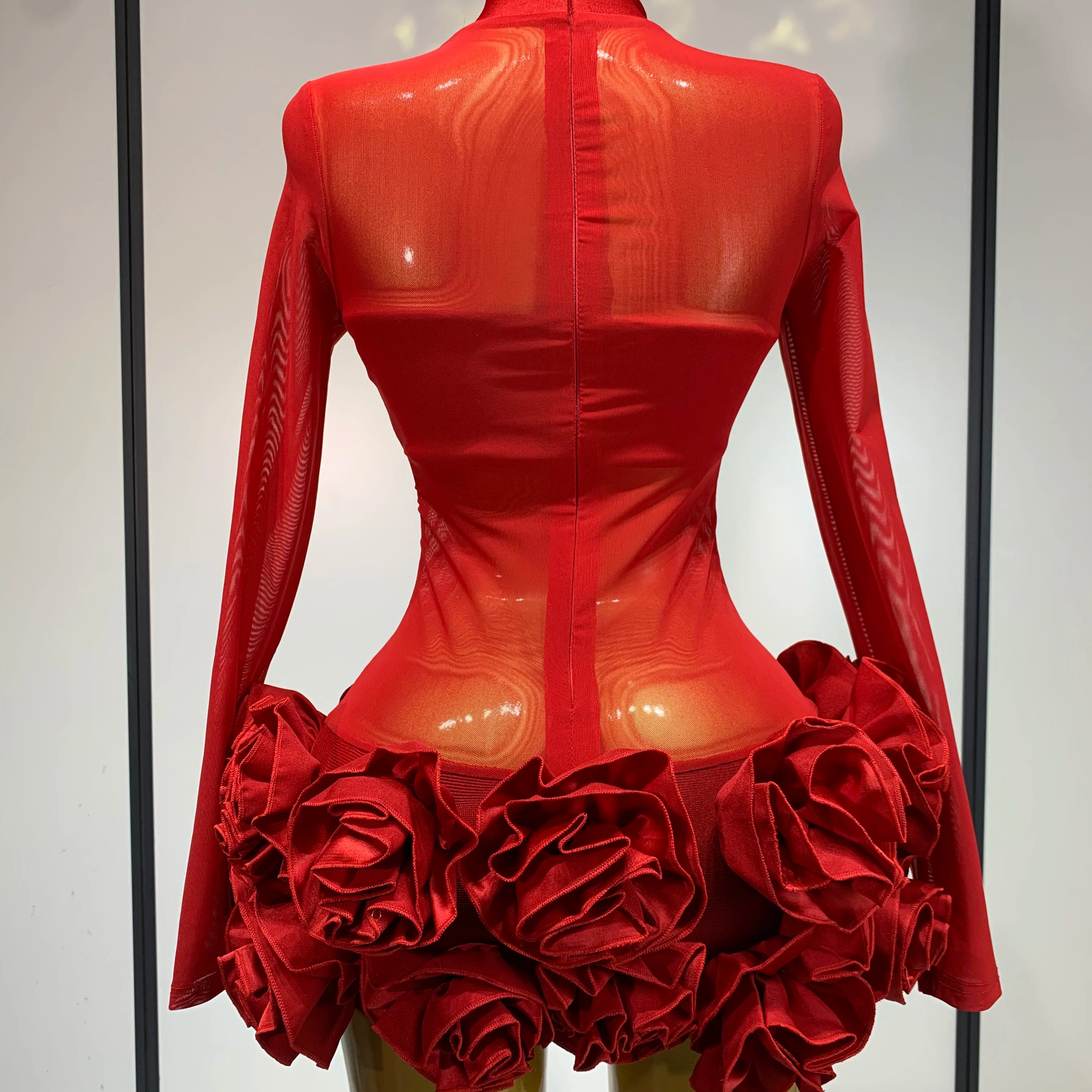 Women Sexy Mesh See through Stereoscopic Flowers Red Mini Bandage Dress Birthday Party Evening Dress Club Singer Perform Costume