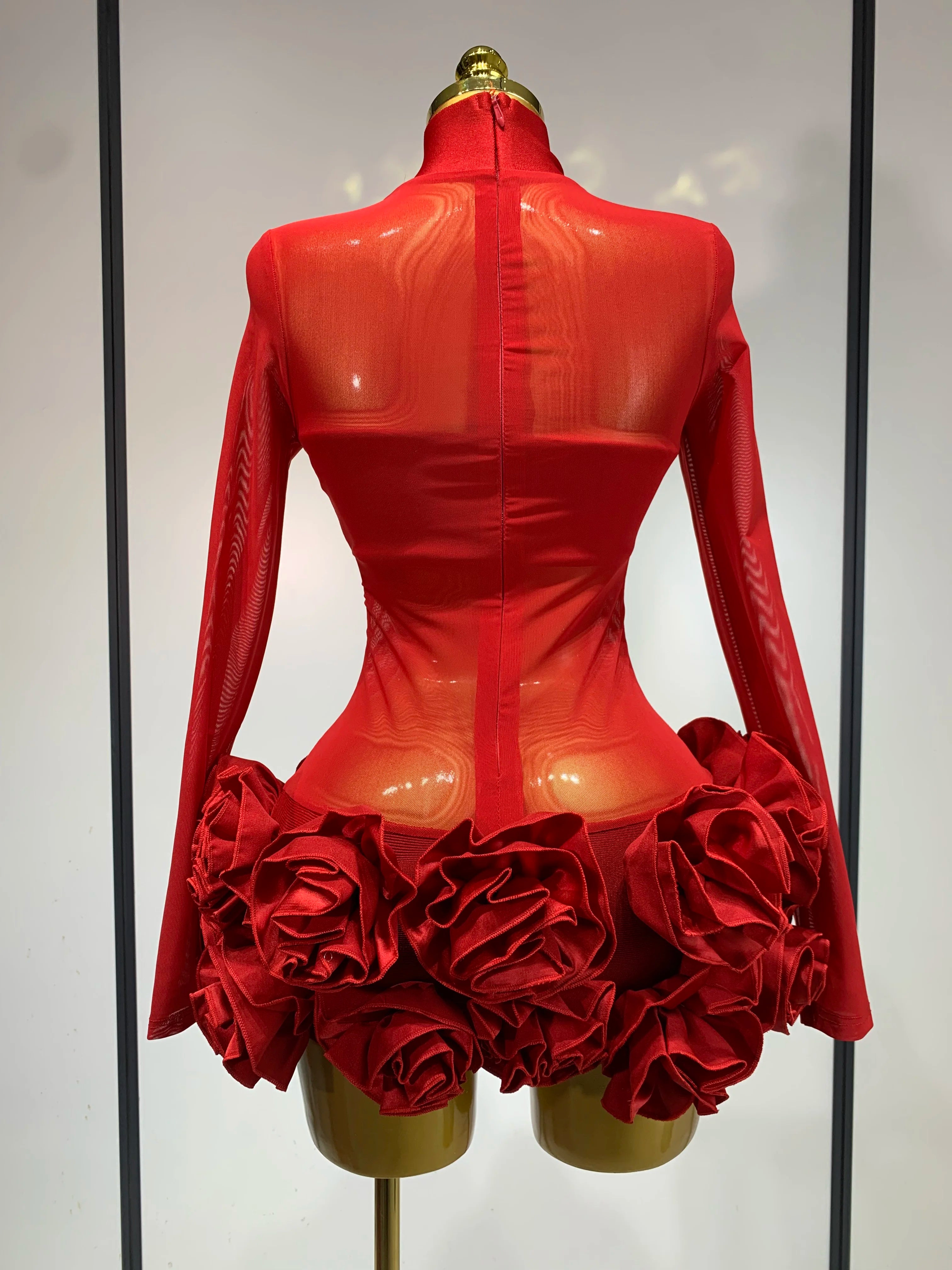 Women Sexy Mesh See through Stereoscopic Flowers Red Mini Bandage Dress Birthday Party Evening Dress Club Singer Perform Costume