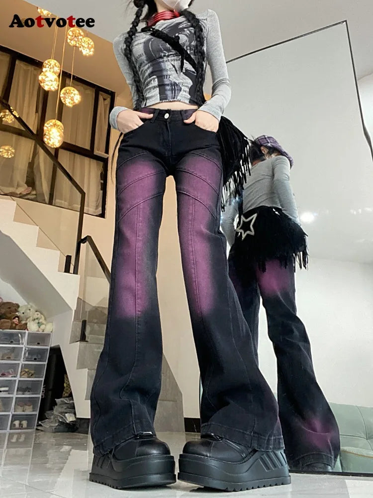 Tie Dye Y2K Jeans for Women Fashion High Waisted Casual Denim Pants Vintage Streetwear Slim Flare Denim Pants