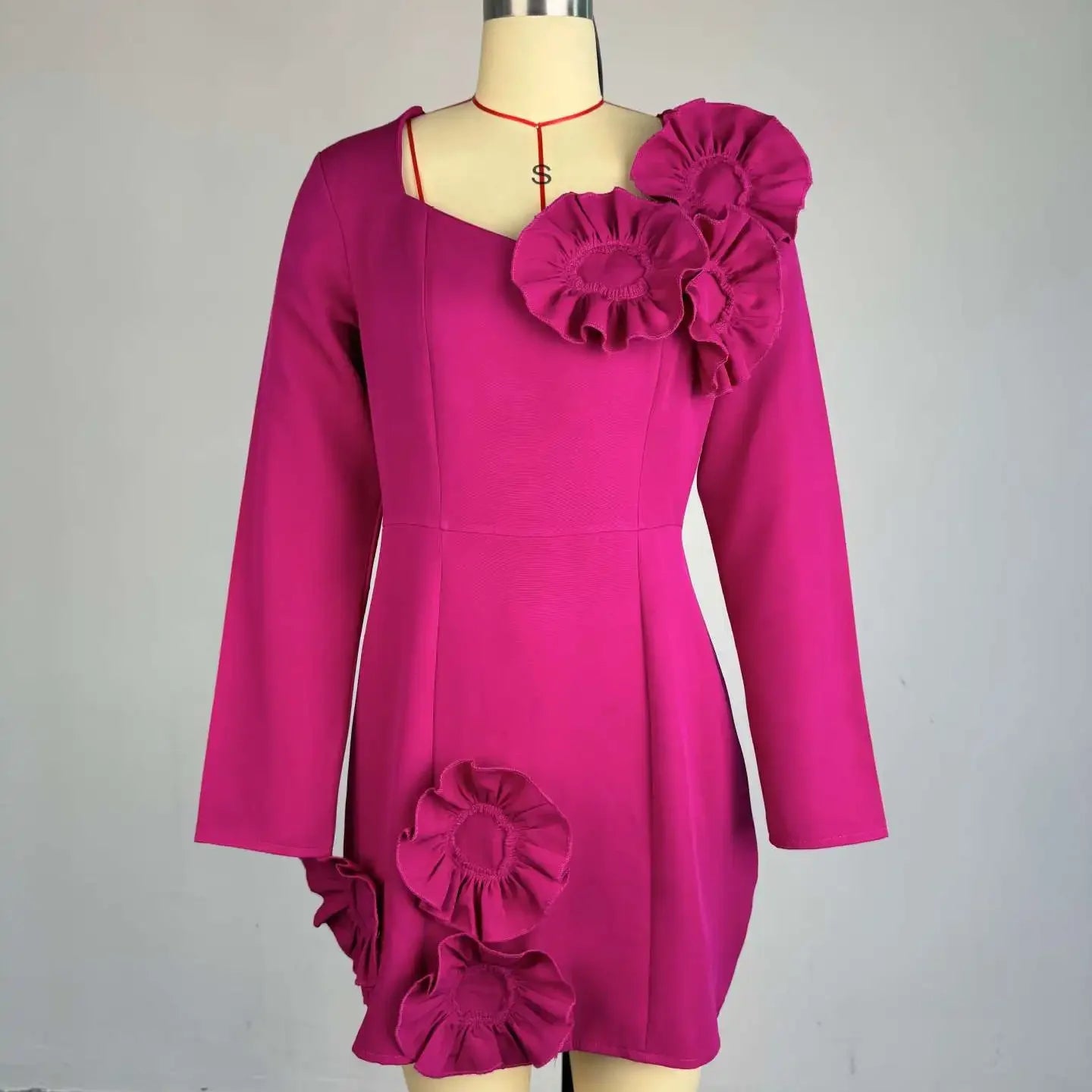 CM.YAYA Women Strapless Mult 3D Flower Long Sleeve Bodycon Mini Dress Sexy Birthday Evening Night Party Club Vestidos Dresses