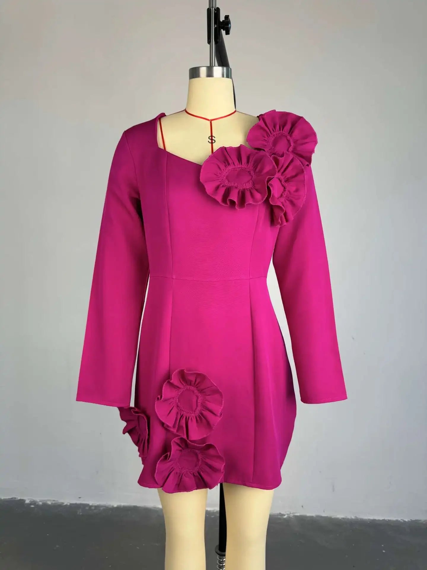 CM.YAYA Women Strapless Mult 3D Flower Long Sleeve Bodycon Mini Dress Sexy Birthday Evening Night Party Club Vestidos Dresses