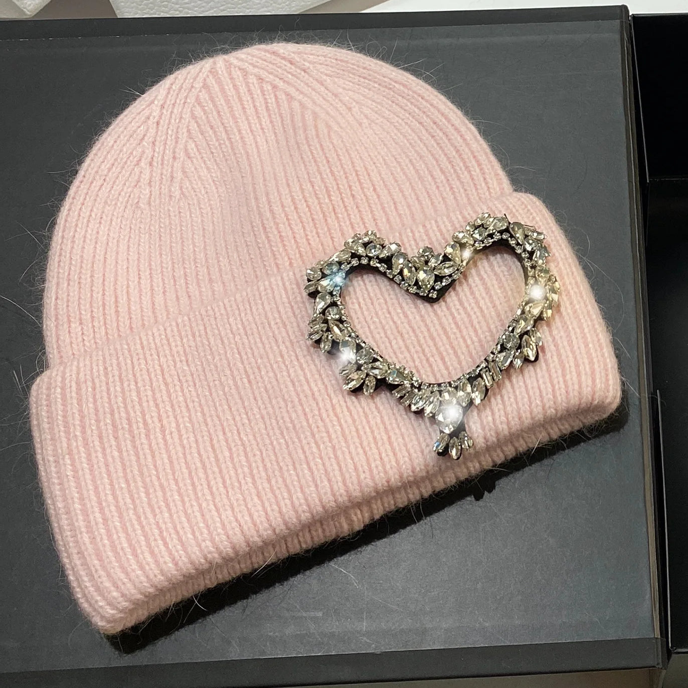 Luxury Heart Rhinestone Winter Beanies Women Solid Color Real Rabbit Fur Knitted Hat Lady Fashion Warm Pullover Caps Gifts pink Adult