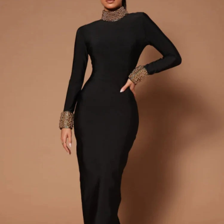 Black Color Women Long Sleeve Sexy Backless Golden Beading Bodycon Bandage Long Dress Fashion Celebrate Evening Party Dress