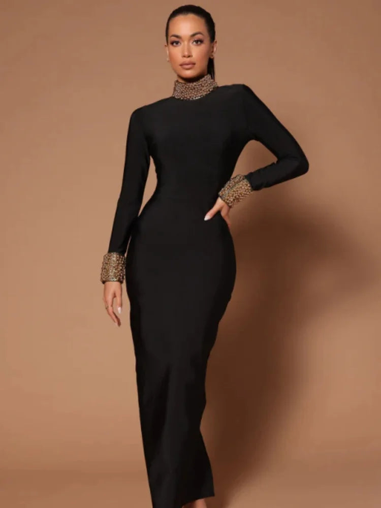 Black Color Women Long Sleeve Sexy Backless Golden Beading Bodycon Bandage Long Dress Fashion Celebrate Evening Party Dress