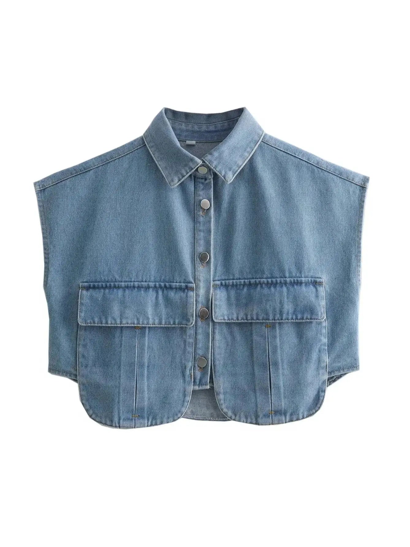 XNWMNZ Women Fashion Pockets Cropped Denim Shirts Sexy Sleeveless Button-up Female Blouses Blusas Chic Top picture colour 1