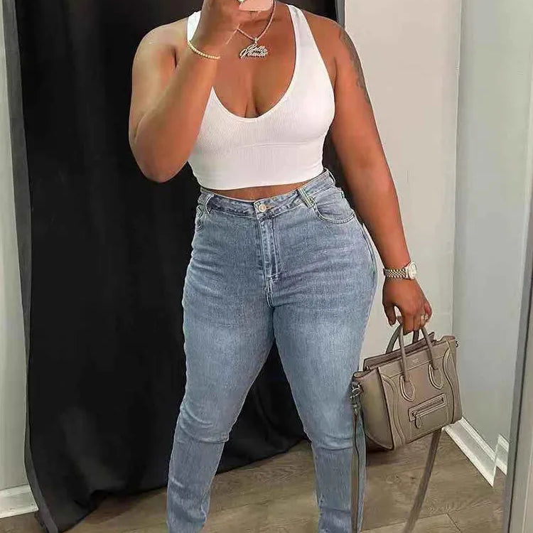 Cut Out Tight Pencil Jeans Women Denim Streetwear High Waist Vintage Wash Skinny Long Trousers Fairycore Grunge Pants