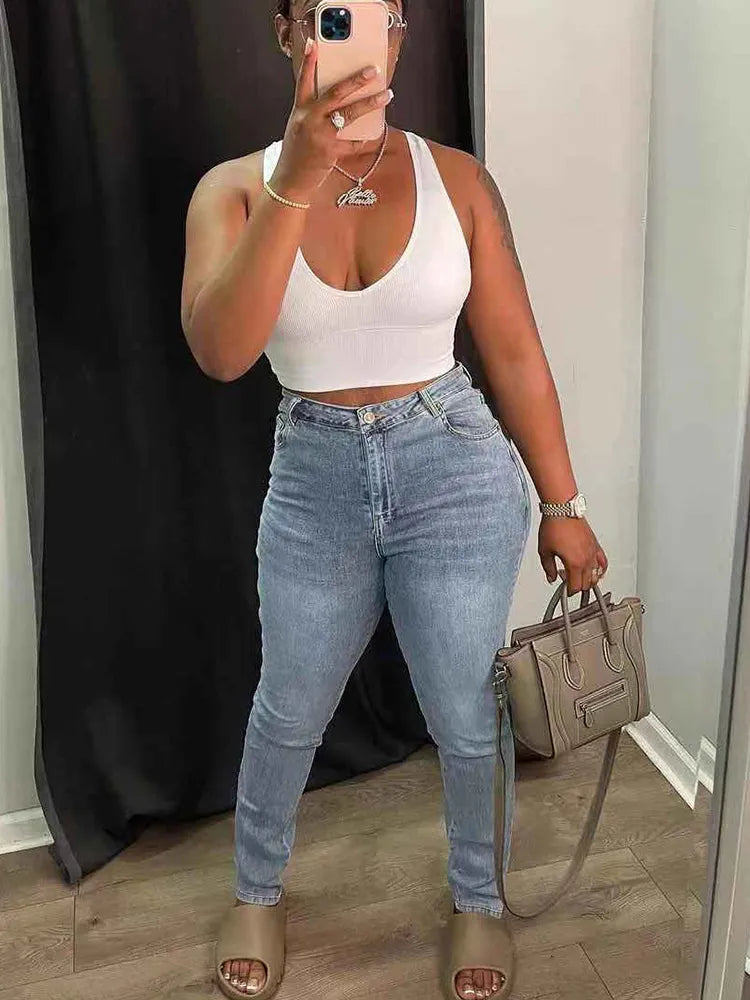 Cut Out Tight Pencil Jeans Women Denim Streetwear High Waist Vintage Wash Skinny Long Trousers Fairycore Grunge Pants