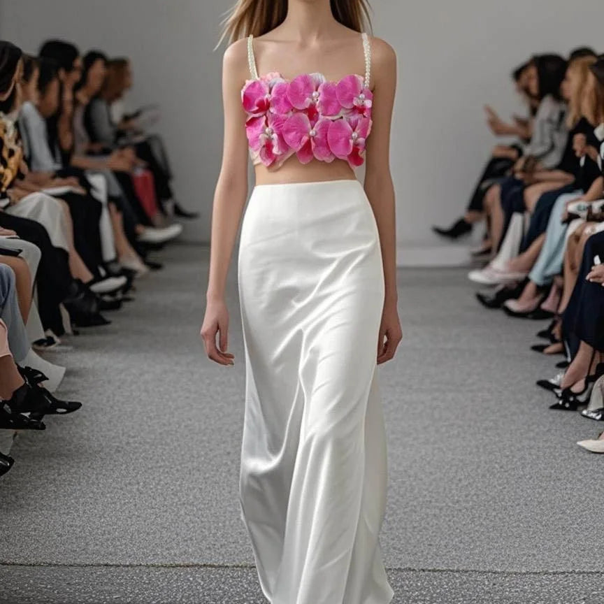 Pink Florals Women Sleeveless Sexy Square Collar 2 Pieces Bodycon Long Dress Cute Vacation Birthday Party Celebrate Dress