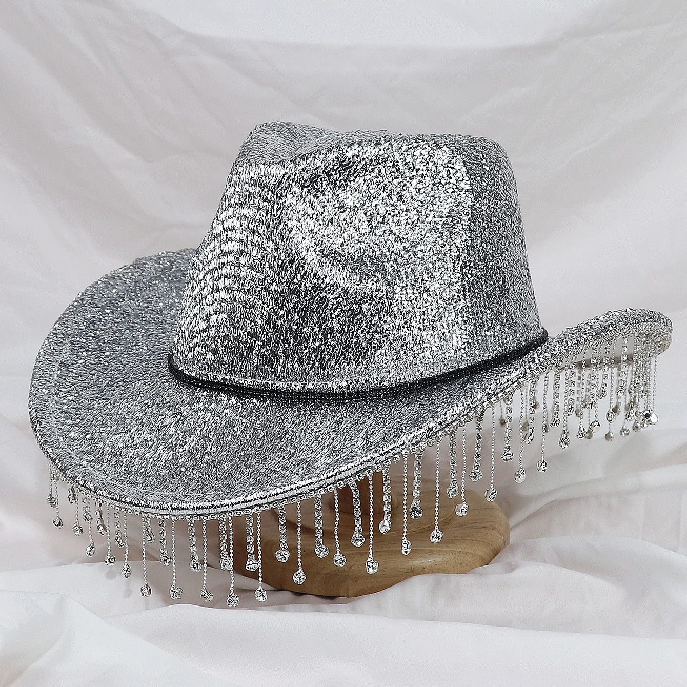 Silver Lady Western Cowboy Hat Rhinestone Tassel Party Hat Stylish Soft Duffle Hat Wide Brim Shade Outdoor Casual