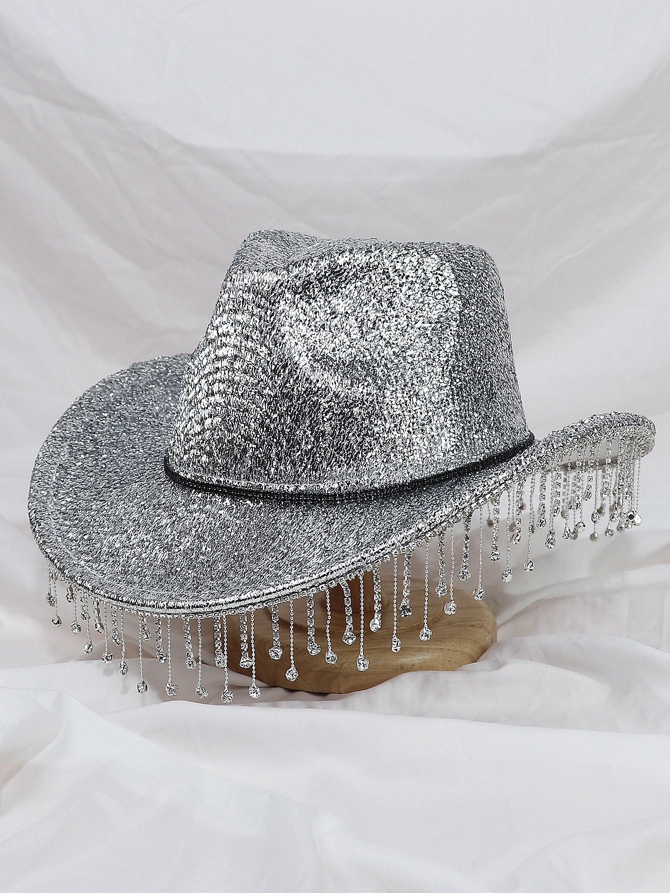 Silver Lady Western Cowboy Hat Rhinestone Tassel Party Hat Stylish Soft Duffle Hat Wide Brim Shade Outdoor Casual