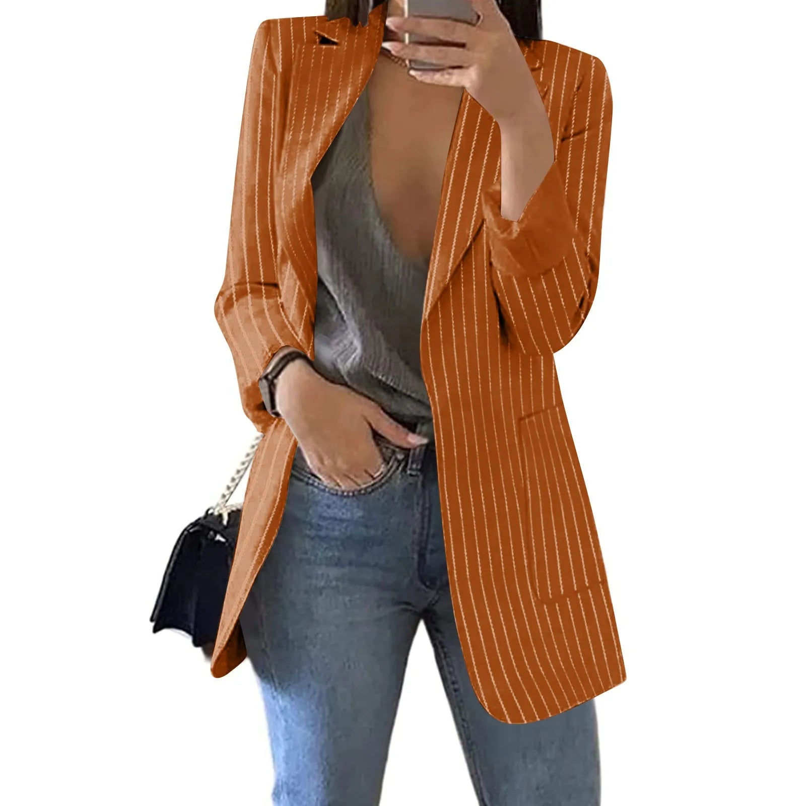 Women's Blazer Coat Stripe Open Front Pockets Cardigan Formal Suit Long Sleeve Blouse Coat Orange