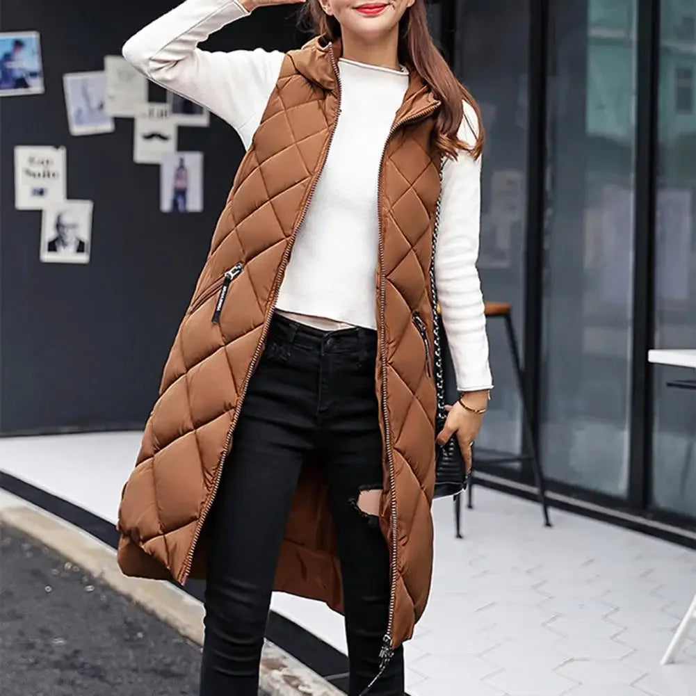 Vest Hooded Women Vest Jacket Long Diamond Grid Shaped Jacket Zipper Sleeveless Cardigan Trendy Style Autumn Winter Streetwear