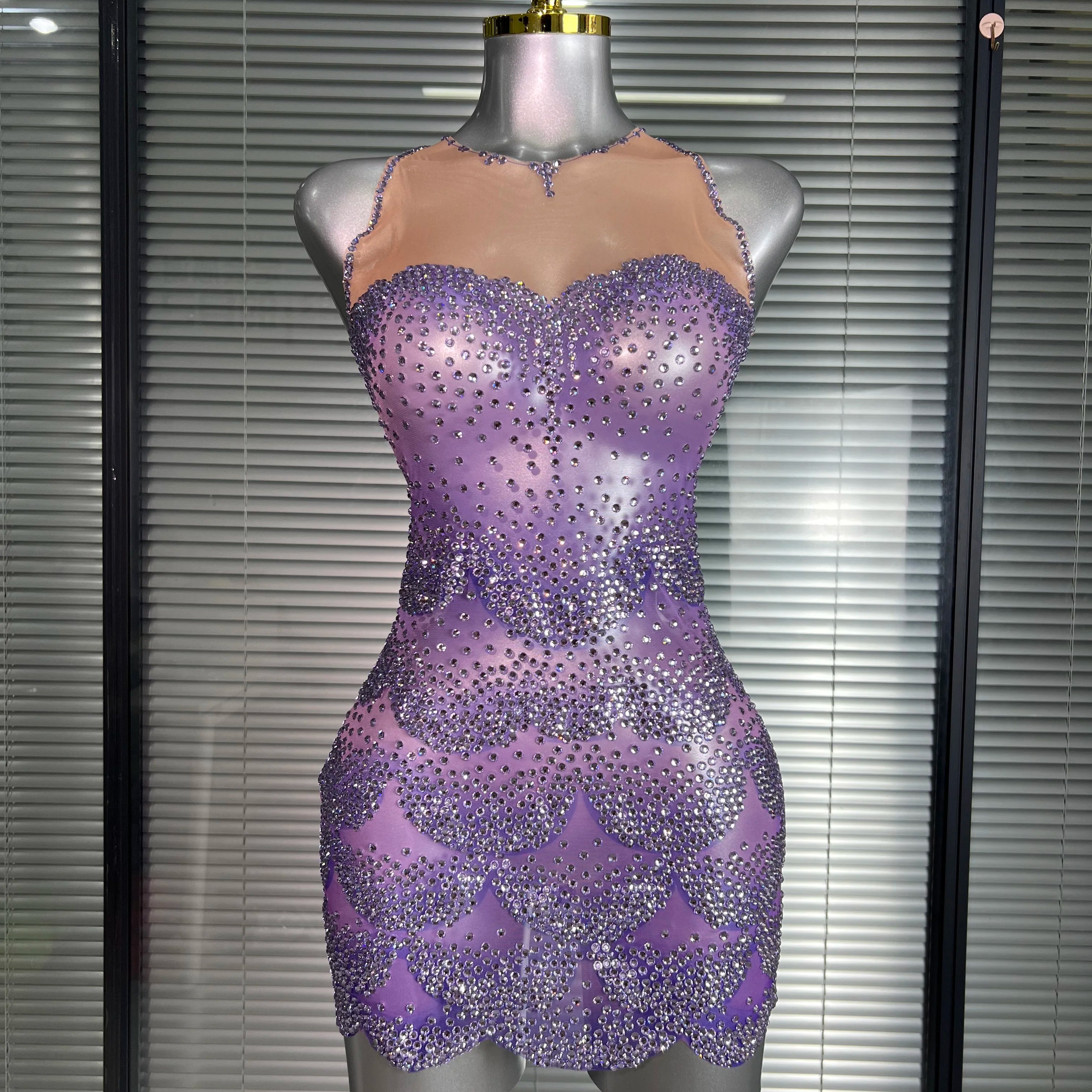 Celebrity New Women Sexy Mesh Sheer Crystal Rhinestones Stage Costume Stage Dancer Night Club Tank Mini Party Dress