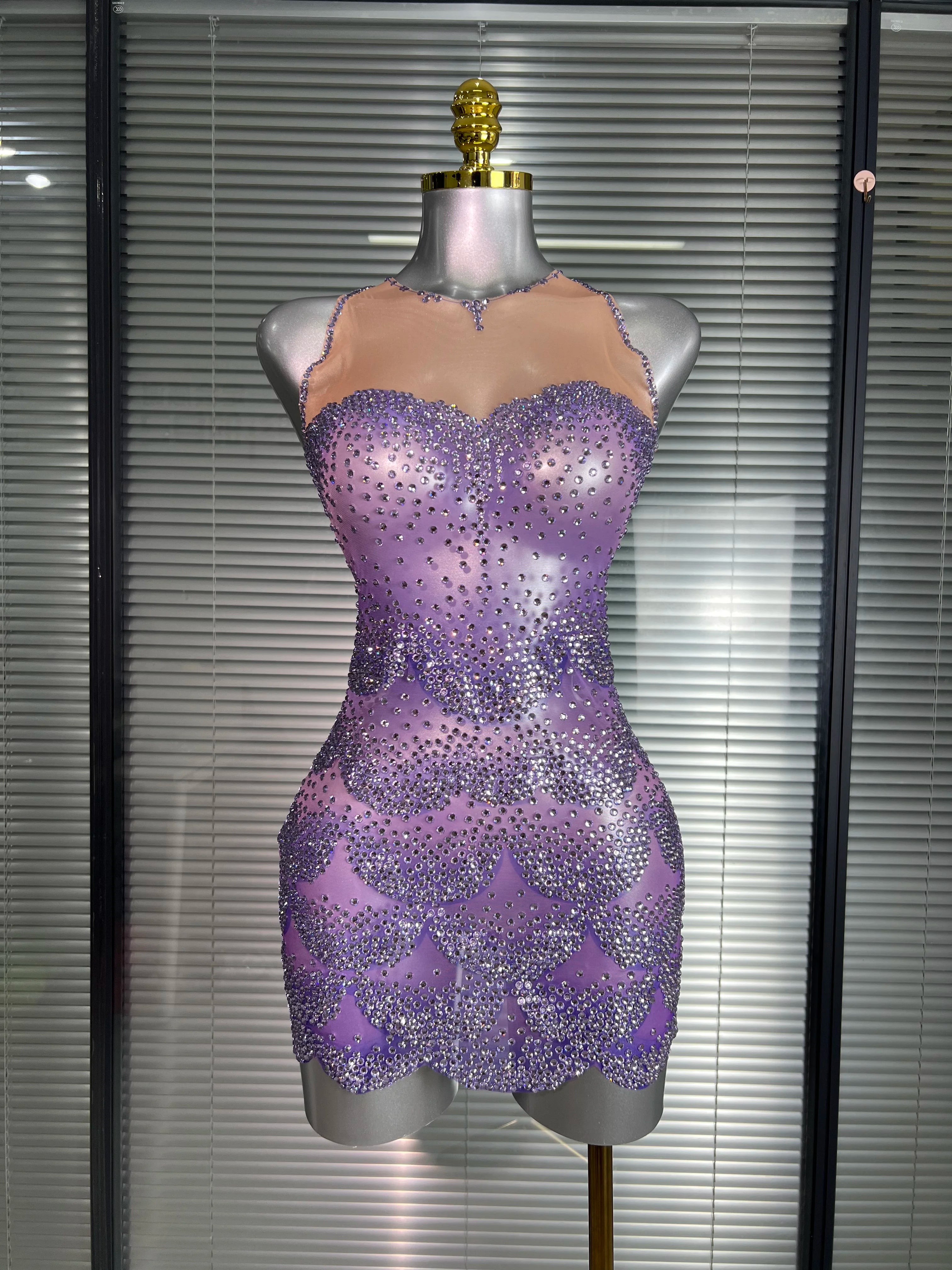 Celebrity New Women Sexy Mesh Sheer Crystal Rhinestones Stage Costume Stage Dancer Night Club Tank Mini Party Dress