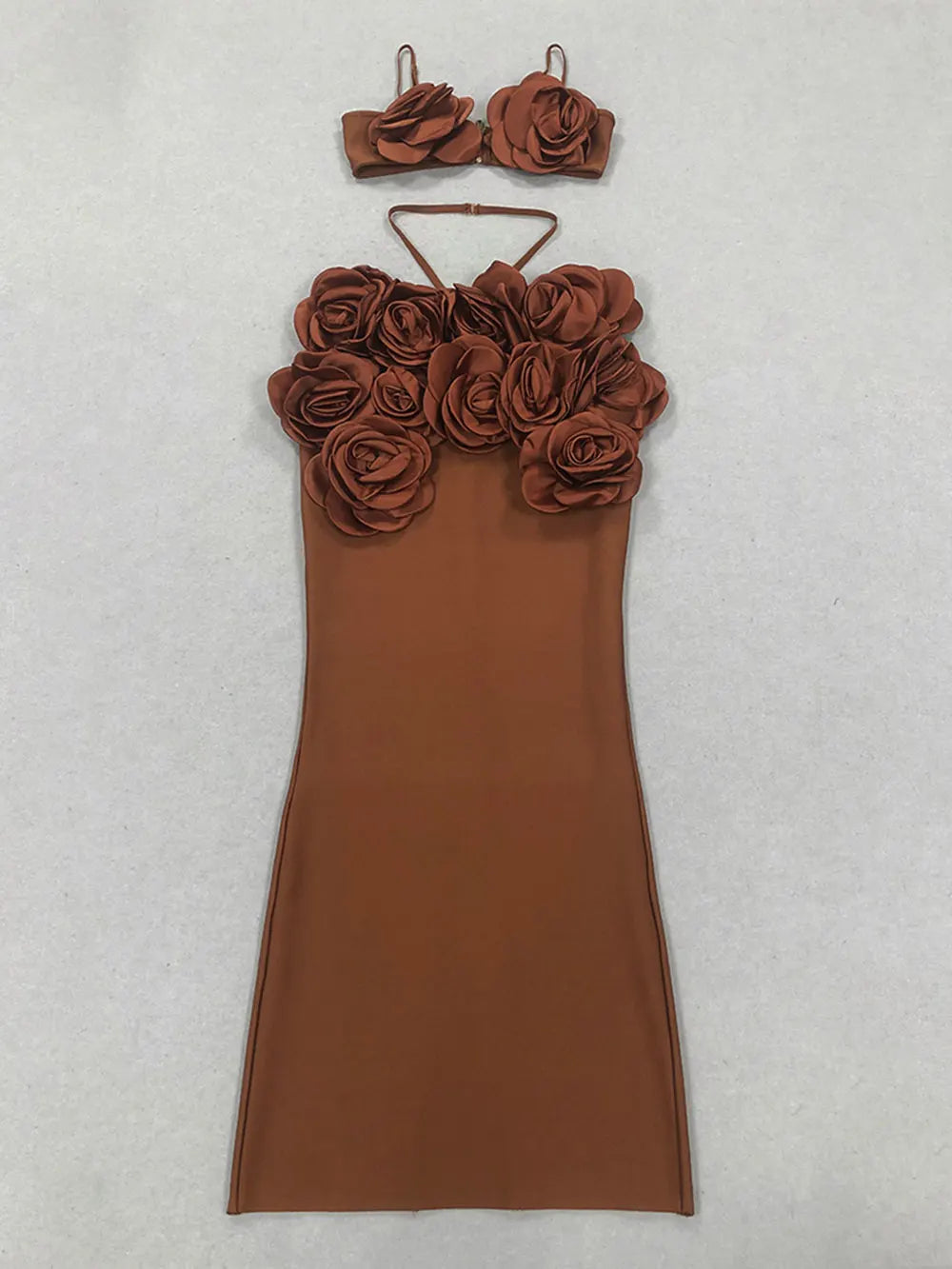 Sexy Women'S Three-Dimensional Flower Bandage Long Dress Set Spaghetti Strap Sleeveless Ultra Short Vest + Skirt Two-Piece Set