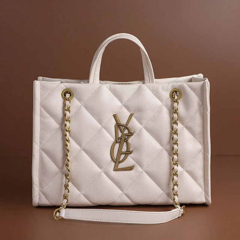 2025 New Women Genuine Leather Quilted Chain Tote Bag, Large Capacity Crossbody Sling Chic Shoulder Purse for Work and Travel
