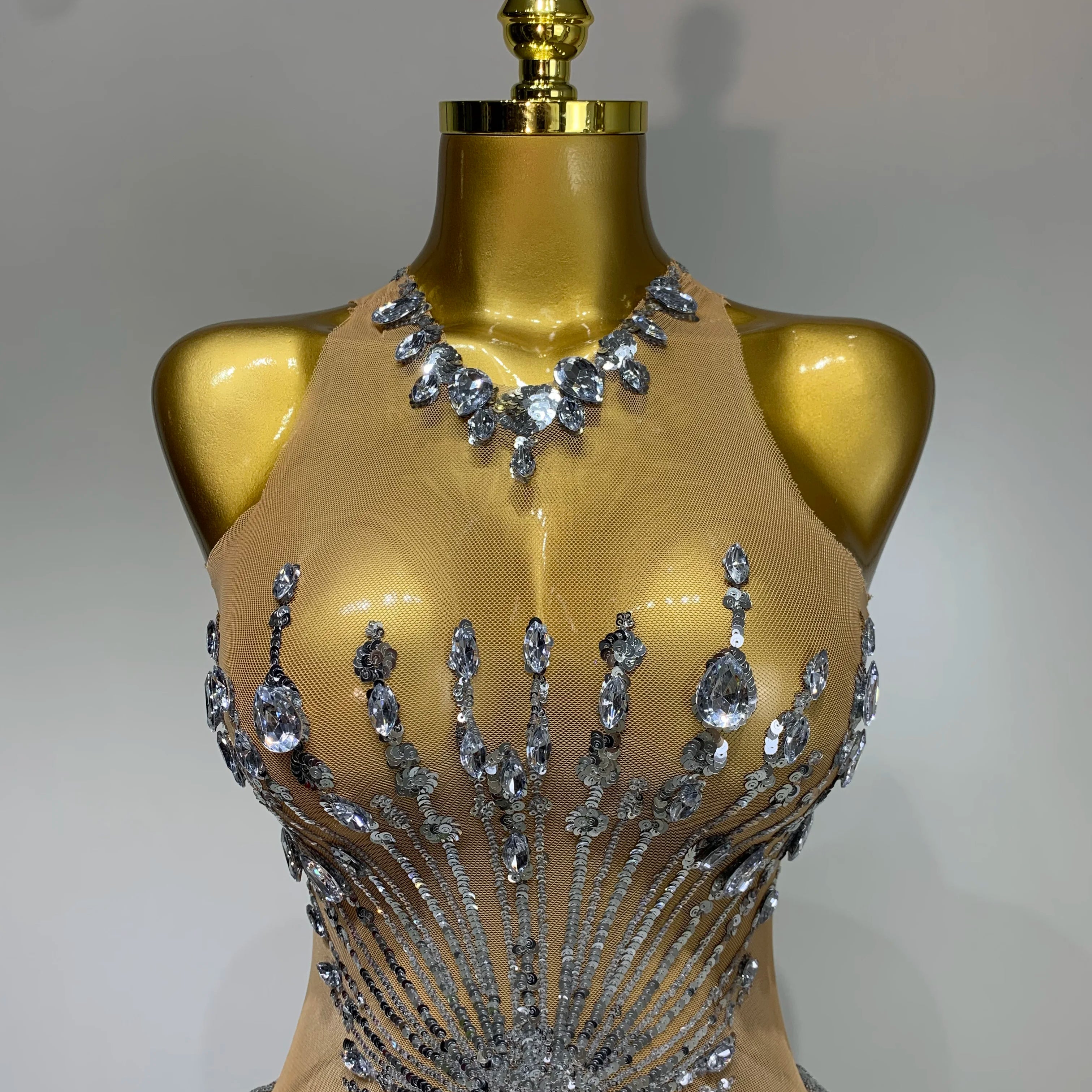 Women Sexy Mesh See Through Diamonds Long Tassels Bodysuit Luxury Evening Party Bar Nightclub Stage Performance Singer Outfit