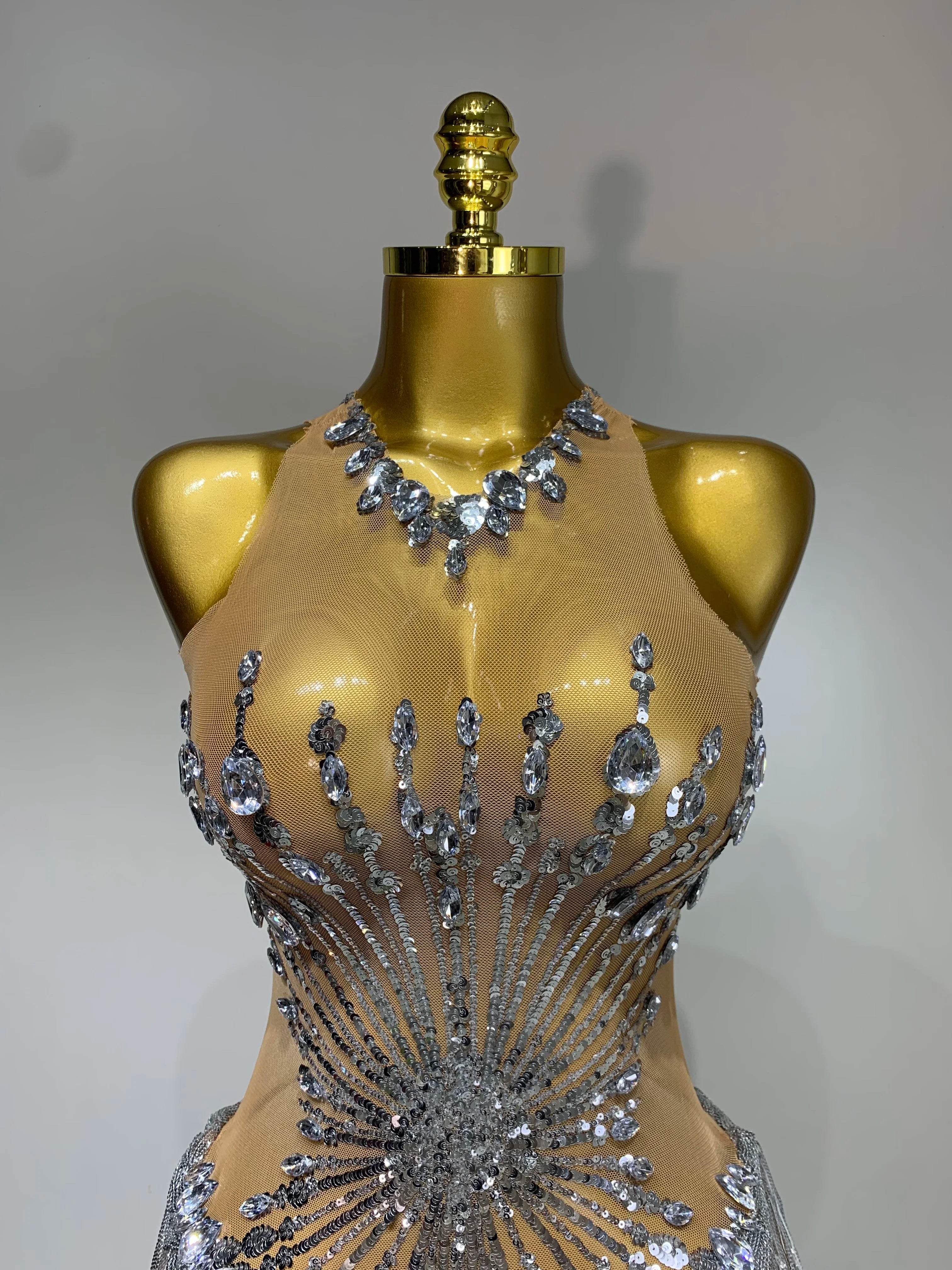 Women Sexy Mesh See Through Diamonds Long Tassels Bodysuit Luxury Evening Party Bar Nightclub Stage Performance Singer Outfit