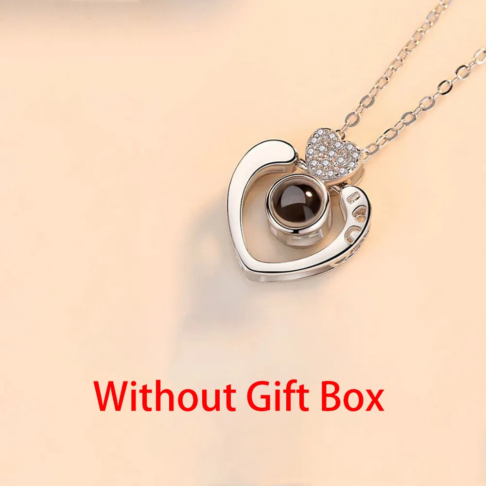 Love Projection Necklace With Exquisite Rose Gift Box100 Languages I Love You Pendant New In Romantic Jewelry Silver-Without Box 45cm